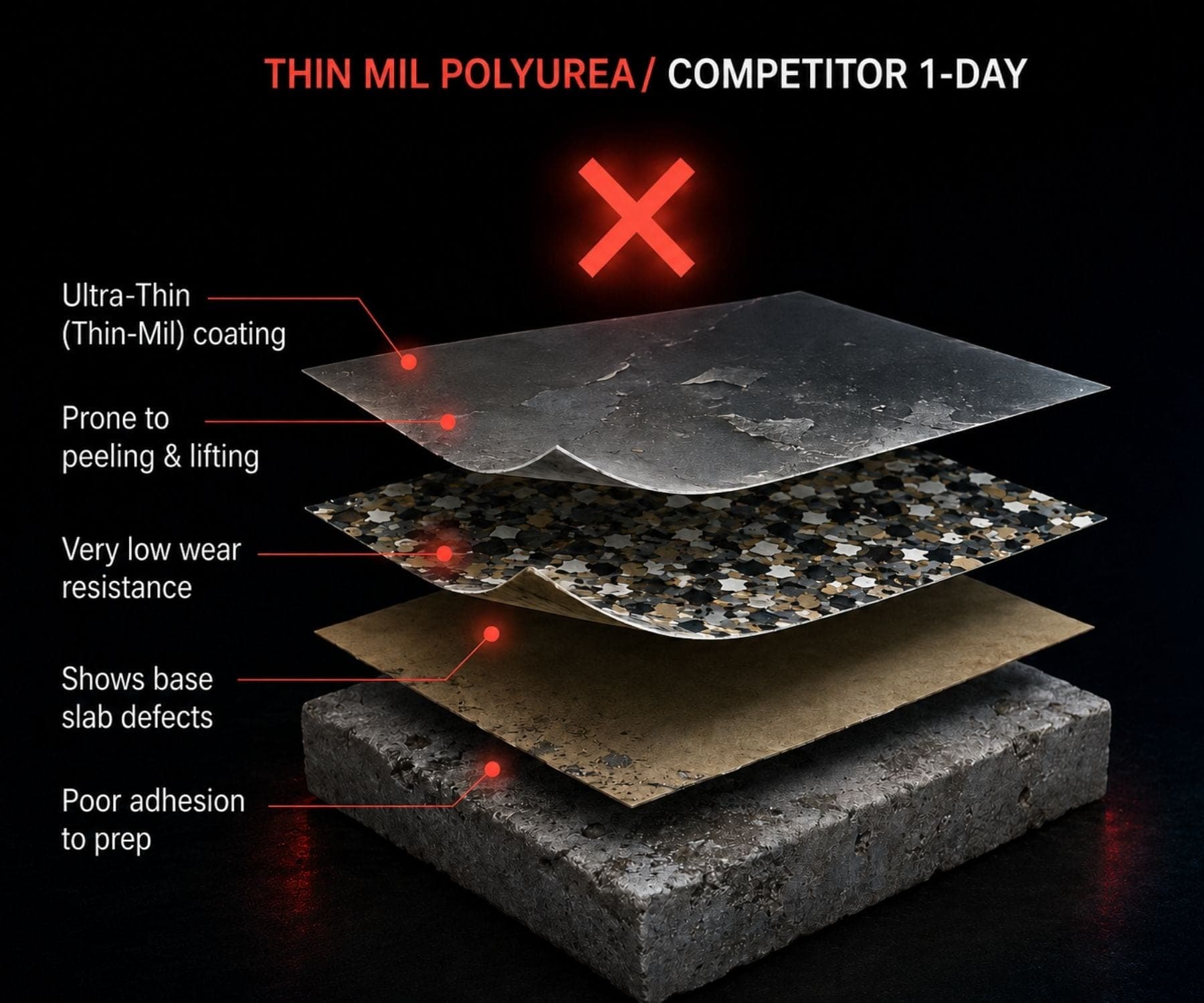 Competitor thin-mil polyurea 1-day system: ultra-thin coating prone to peeling and lifting, low wear resistance, poor adhesion